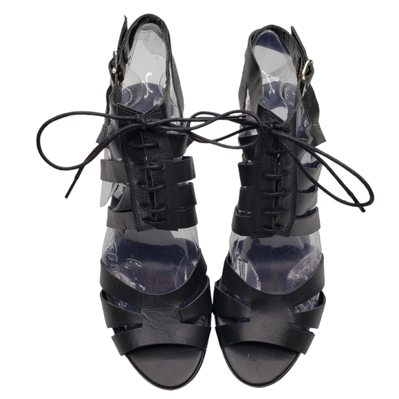TOPSHOP | Black Strappy Vegan Leather Cage Lace Up Open Toe Heels Women's 7.5 - Picture 2 of 14